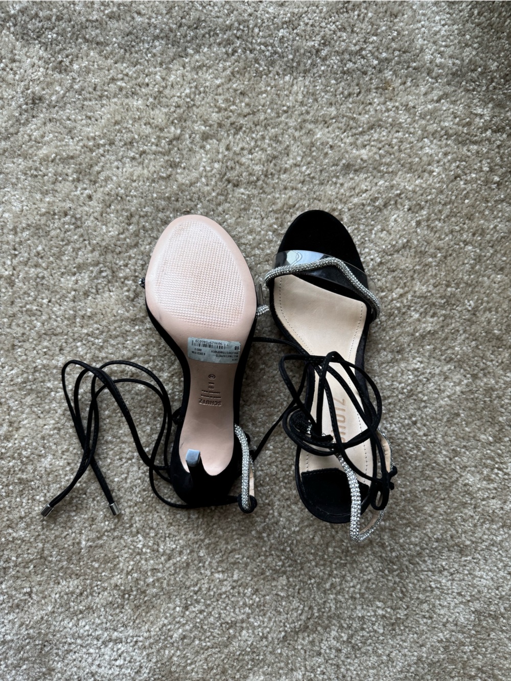 Schutz Cath Black Strappy Stiletto Sandals with Rhinestone Detail